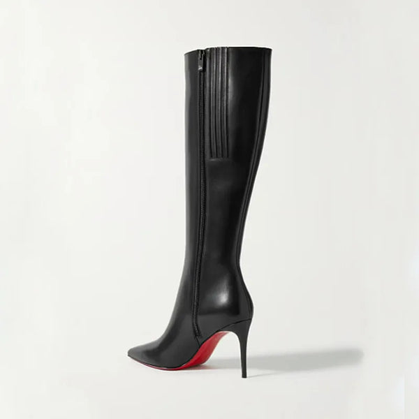 Brown knee-high stiletto boots featuring a sleek pointed toe.