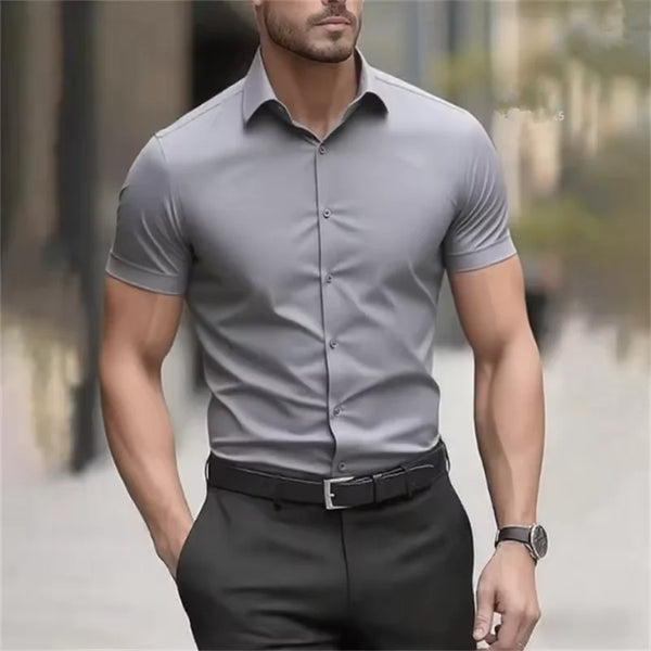 Short sleeve business shirt on hanger showing premium broadcloth construction and tailored fit