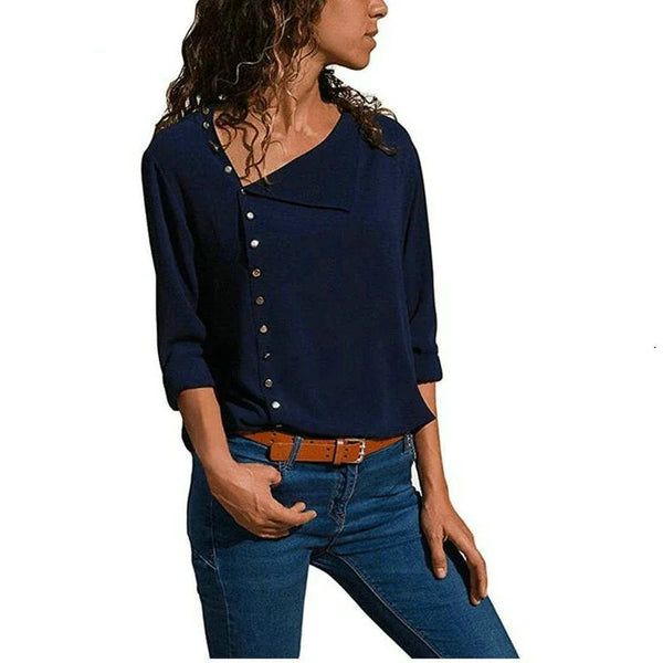 Elegant long sleeve office blouse for women, double-breasted, slim fit, versatile for business attire in various colors.