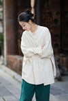 Cotton linen blend coat with stand collar and natural draping quality