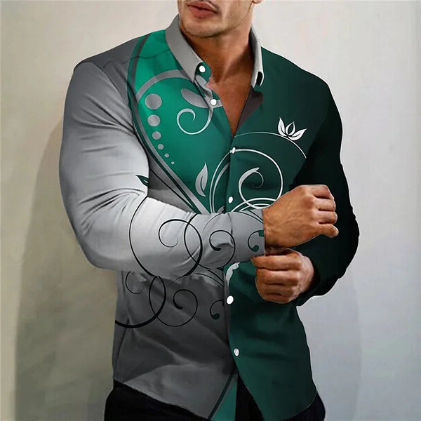 Stylish men's casual silk blend shirt in slim fit with turn-down collar and eye-catching 3D print, perfect for any occasion.