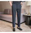 Men's slim fit dress pants in British style with elastic waist, perfect for casual and formal occasions, made from polyester
