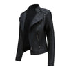 Women's slim fit PU leather motorcycle jacket in black, windproof, stylish, perfect for spring and autumn rides.