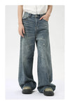 Premium washed blue denim jeans with wide leg and slight stretch