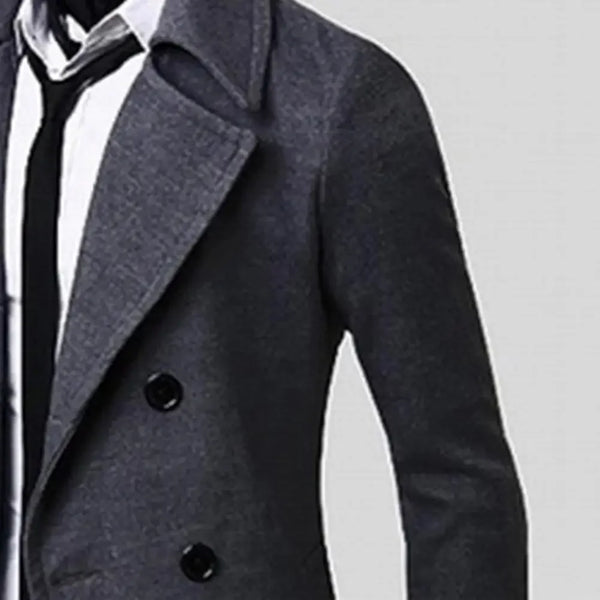 Classic double-breasted men's wool trench coat in solid color, perfect for winter, casual or professional settings.