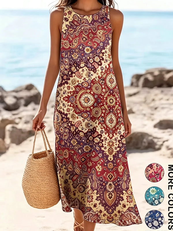 Floral midi sundress paired with wedges for garden party outfit
