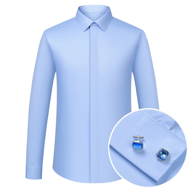 Executive blue dress shirt with French cuffs and cufflinks for professional milestone celebrations