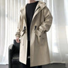 Stylish men's mid-length trench coat with hood, big pockets, windproof, perfect for autumn and spring outdoor activities.