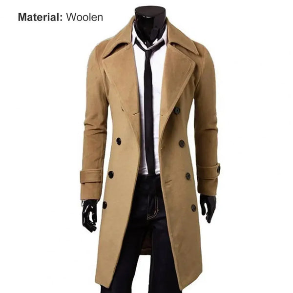 Classic double-breasted men's wool trench coat in solid color, perfect for winter and stylish for both casual and professiona