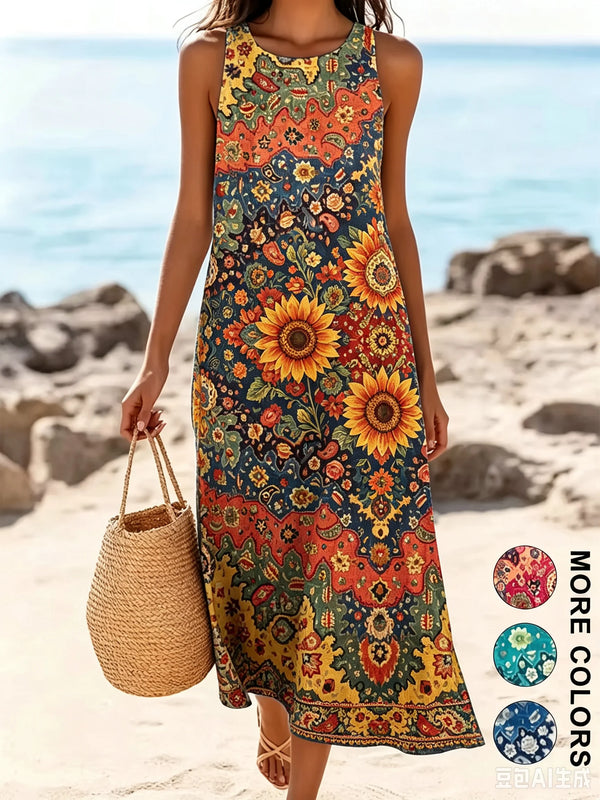 Flowing bohemian midi sundress with delicate floral pattern and stretch fabric