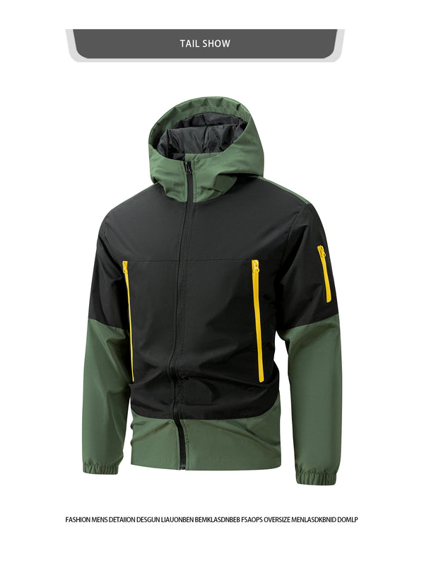 Men's hooded windproof jacket for outdoor sports, lightweight, breathable, perfect for fall and winter adventures.