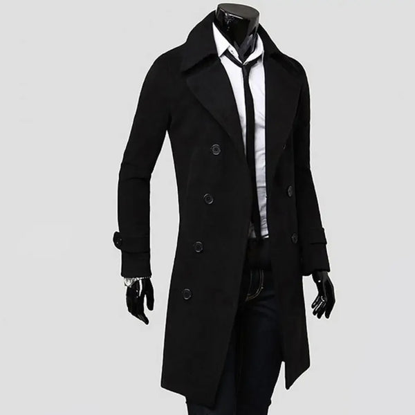 Classic double-breasted men's wool trench coat with turn-down collar, tailored fit, perfect for winter and professional wear.