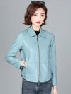 Chic women's sheepskin leather jacket with zippered front, turn-down collar, and pockets for stylish autumn layering.