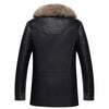 Men's leather jacket with button front and plush raccoon fur collar.