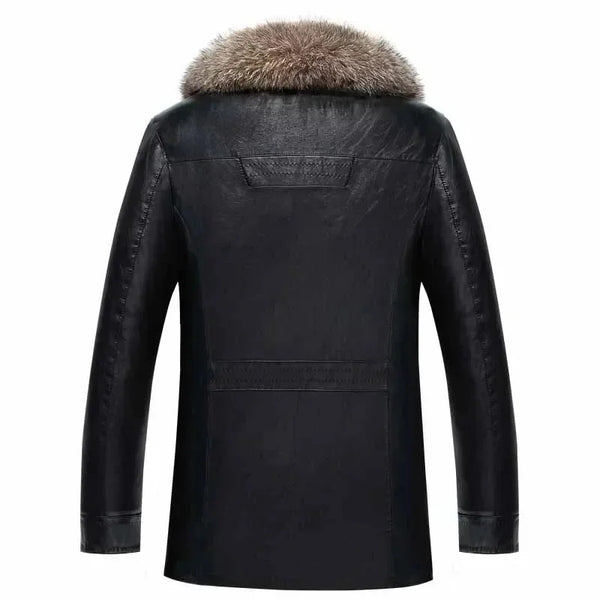 Men's leather jacket with button front and plush raccoon fur collar.