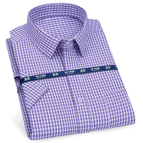 White plaid short sleeve dress shirt with durable broadcloth construction