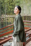 Timeless cotton-linen stand collar coat in neutral tone for wardrobe versatility
