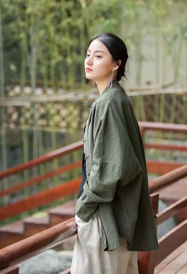 Timeless cotton-linen stand collar coat in neutral tone for wardrobe versatility