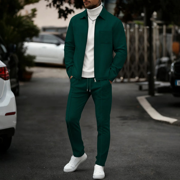 Coordinated waffle knit ensemble with adjustable zip collar top and drawstring pants