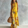 Versatile sleeveless maxi dress featuring artistic print, ankle-length hem, and easy-care polyester construction