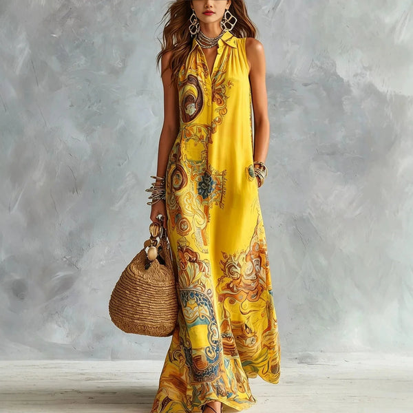 Versatile sleeveless maxi dress featuring artistic print, ankle-length hem, and easy-care polyester construction