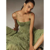 Black pleated evening dress with suspender straps and flattering high-waist silhouette