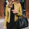 Chic slim fit faux leather moto jacket for women, perfect for autumn and winter with stylish zipper accents and tailored desi