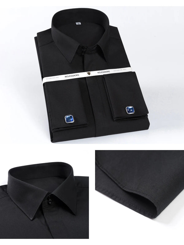 Professional blue dress shirt featuring French cuffs and matching cufflinks for executive presence