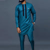 African print two-piece ensemble with coordinating shirt and pants in eye-catching patchwork design