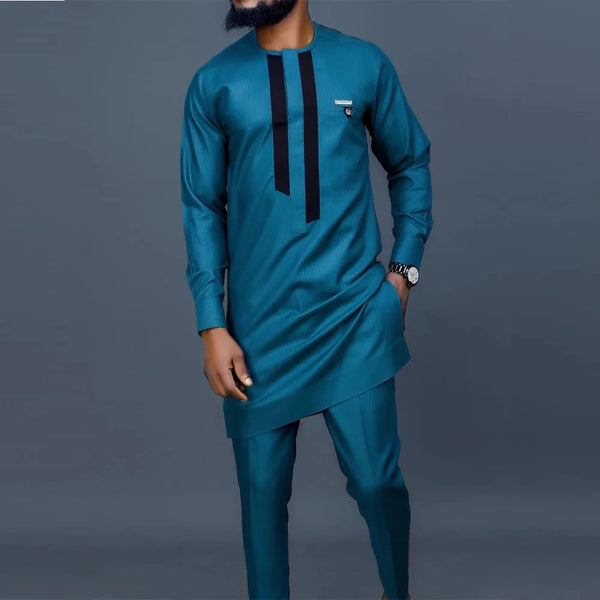 African print two-piece ensemble with coordinating shirt and pants in eye-catching patchwork design
