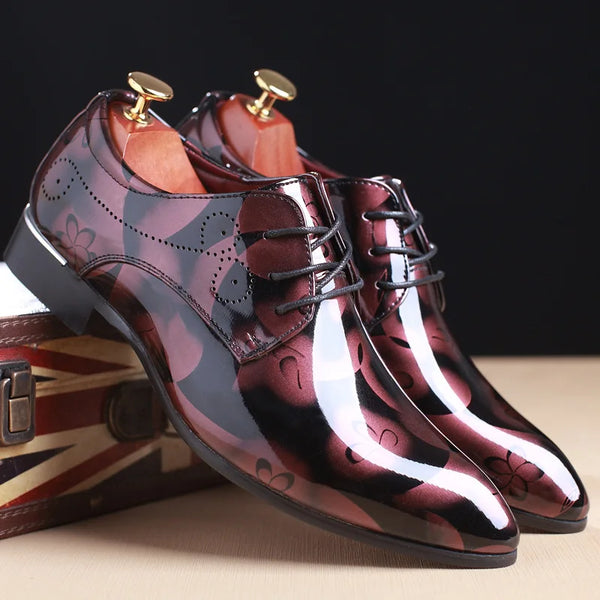 Lace-up closure of stylish floral men's Oxford dress shoes for a secure fit.