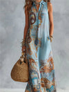 Retro printed maxi dress with vest styling and elegant turn-down collar detail