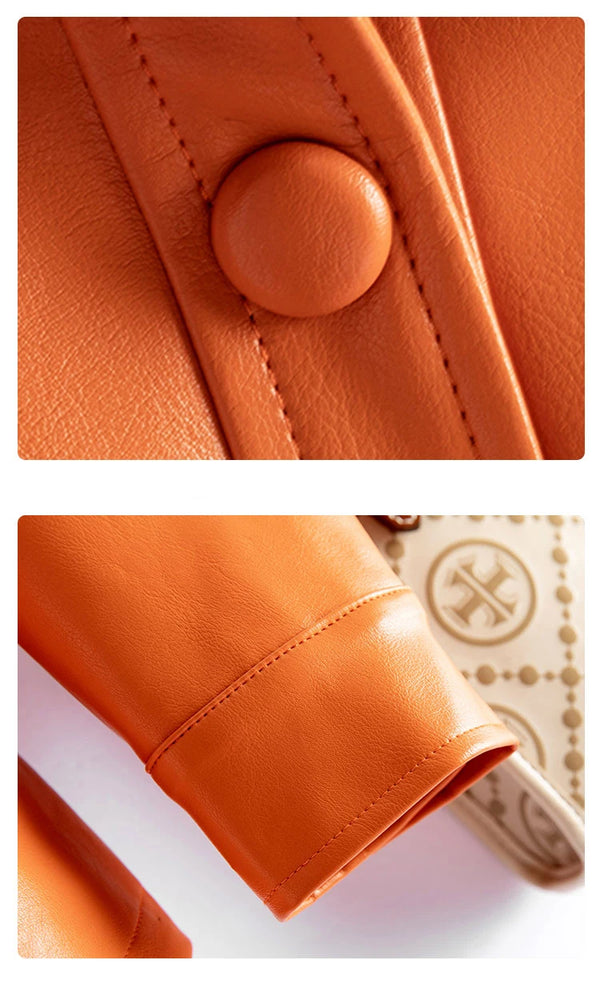 Chic women's sheepskin leather jacket with turn-down collar, lace-up belt, and adjustable waist for a stylish fit.