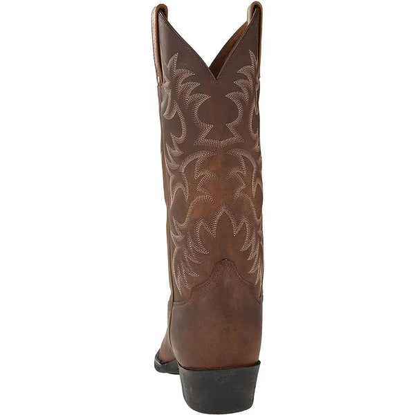 Western cowboy boots with decorative embroidery, slip-on design, and cotton lining