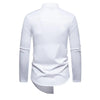 Vintage-style men's casual dress shirt with stand collar, irregular hem, and solid pattern for versatile wear.