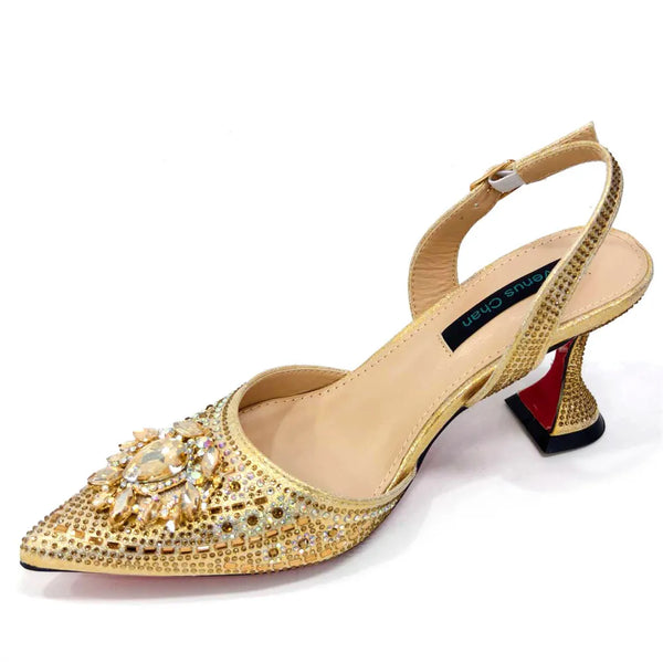 Elegant party sandals featuring genuine crystal bling and modern square heel