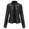 Chic women's slim leather biker jacket with zip detail, stand-up collar, and flattering fit for stylish urban looks.