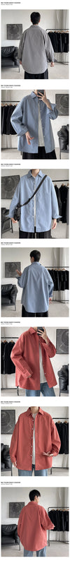 Oversized long sleeve casual shirt for men and women with Mandarin collar, perfect for spring and autumn street fashion.
