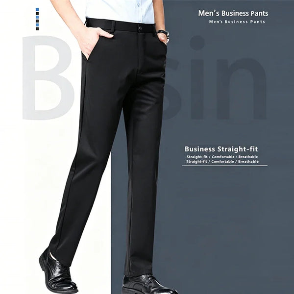 Breathable stretch business dress pants in charcoal gray with high drape fabric and slim fit