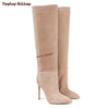 Professional cleaning recommended for chic suede stiletto boots.