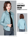 Chic women's sheepskin leather jacket with zippered front, turn-down collar, and pockets for stylish autumn layering.