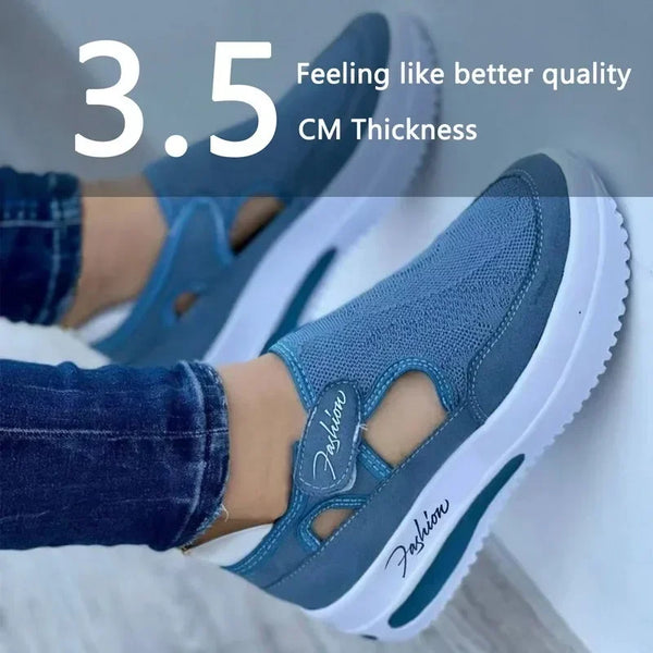 Women's casual mesh platform sneakers showing side profile and platform heel detail