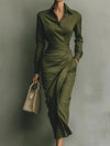 Autumn Whisper Maxi dress in flowing fabric with button details, perfect for elegant autumn outings.