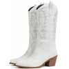 Close-up of western boot toe box and embroidered shaft detail with quality stitching craftsmanship