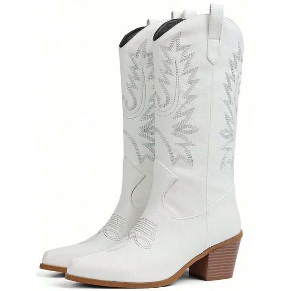 Close-up of western boot toe box and embroidered shaft detail with quality stitching craftsmanship