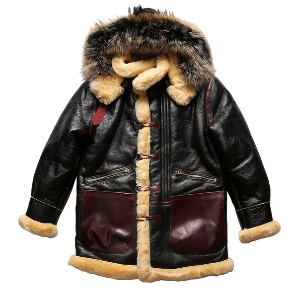 Luxury men's shearling leather bomber jacket with a sophisticated look.