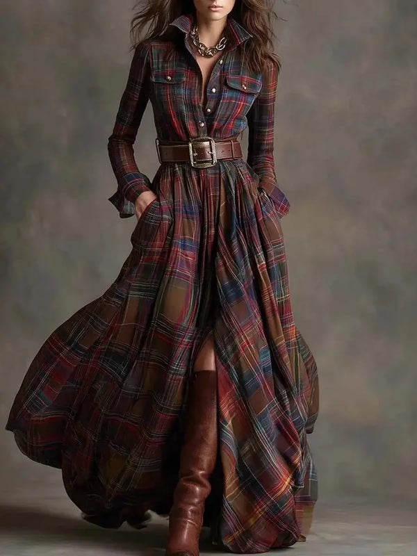 Full-length view of the Autumn Whispers Plaid Maxi dress, ideal for transitional autumn to winter fashion.