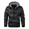 Sleek men's PU leather biker jacket with detachable hood, slim fit, ribbed cuffs, perfect for autumn and winter wear.