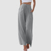 Comfortable cotton-linen wide-leg pants with functional pockets and customizable strap fit