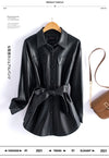 Chic women's sheepskin leather jacket with turn-down collar, lace-up belt, and adjustable waist for a stylish, comfortable fi